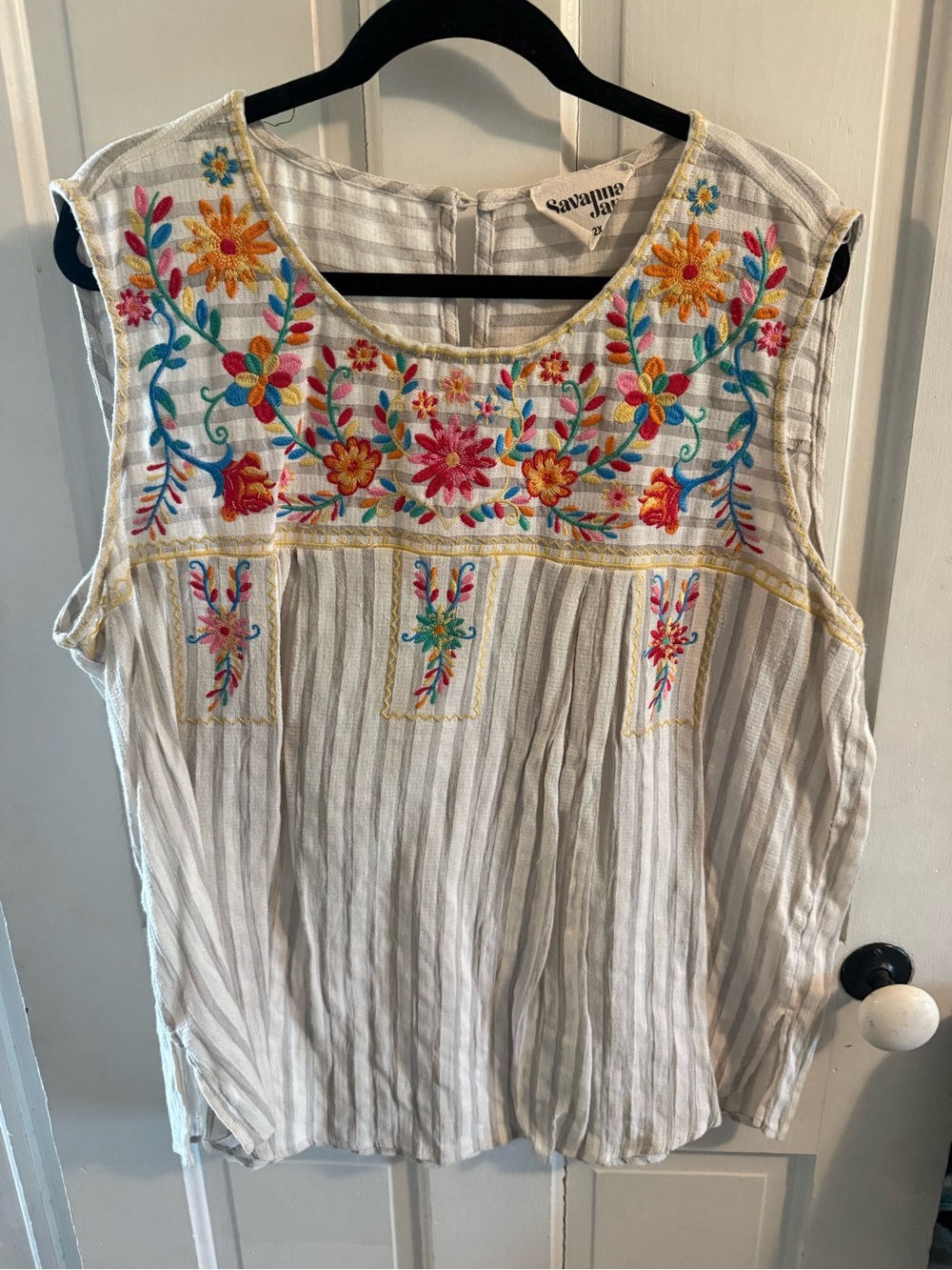Savanna Jane Cream Striped Sleeveless Top with Multicolor Floral Embroidery